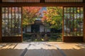 View from inside of a tatami room of the Japanese garden at Kenninji Temple, Kyoto, Japan