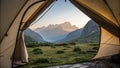 View from inside a tent with a beautiful view of the mountains at dawn Royalty Free Stock Photo