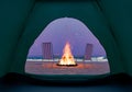 View from Inside a Tent of a Bonfire on the Beach at Night Royalty Free Stock Photo