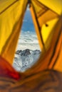 View from inside a tent in an Himalayan base camp. Stok Kangri base camp 5500m