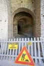 view inside a tunnel in maintenance works at GjirokastÃÂ«r castle, architecture of the Ottoman empire in Albania.