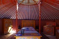 View of inside a yurt, traditional nomad housing in Asia and mainly Mongolia. Colored and tiny furniture.