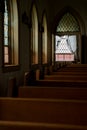 Pews & Stained Glass Windows - Derelict Chapel - Abandoned Cresson Prison / Sanatorium - Pennsylvania Royalty Free Stock Photo