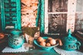 View of interesting blue crockery on the table