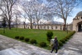 View of interior courtyard of Suleymaniye Mosque. Entrance door of the mosque. Local and foreign tourists come to see the mosque a Royalty Free Stock Photo