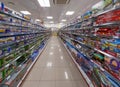 View of the interior of a MÃ¼ller retail store. Shelves on both side of the photo, filled toys. 4 july 2023, Imst, Austria