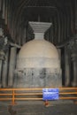 A View of Interior Main Buddhist Stupa in a center of Chaitya Hall at Karla Caves, these was constructed between 50 and 70 CE, and Royalty Free Stock Photo