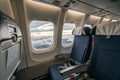 View of the internal airplane window and seat Royalty Free Stock Photo