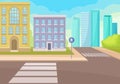 View on intersection of street with crosswalks and signs, houses and skyscrapers. Urban landscape. Flat vector design