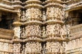 Intricate sculptures carved on the facade of Khajuraho Hindu temples India