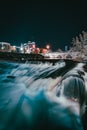 View of the Iset river and Yekaterinburg Cityscape at night