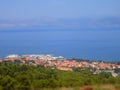 View from Island Brac, Croatia, Europe. Ferry, Seaview, Adriatic, Horizon and Trees in Tilt shift