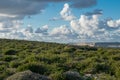 View of the island of Gozo from the garigue covered cliffs of Mellieha, Malta on a cloudy day Royalty Free Stock Photo