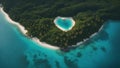 view of the island of heart An island in the shape of a heart surrounded by blue water. The island has lush plants, sandy shores