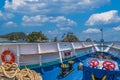 Tourist ship with colorful navigation tools near Island of Panagia, Parga harbor, Greece Royalty Free Stock Photo