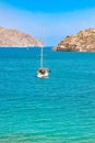 View of the island of Spinalonga with calm sea. gulf of Elounda, Crete, Greece