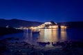 View of the island of Spinalonga with calm sea. Here were isolated lepers, humans with the Hansen`s desease, gulf of Elounda.