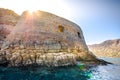 View of the island of Spinalonga with calm sea. Here were isolated lepers, humans with the Hansen`s desease, gulf of Elounda.