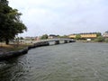 View of the coast of Suomenlinna with bridge in Baltic sea, sky in summer Helsinki