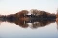 View on the island surrounded by the river and the forest with its water reflection at a lost place in fresenburg emsland germany Royalty Free Stock Photo