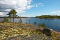 Summer. View from the shore to Lake Ladoga and neighboring islands. Royalty Free Stock Photo