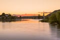 View from the island of Werd over the Rhine to the old town of Stein am Rhein at sunset, Canton Schaffhausen, Switzerland Royalty Free Stock Photo