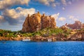 View of Isola dell`Ogliastra, small island close to the shore of Sardinia. Isola dellÃ¢â¬â¢Ogliastra, 47m high, lies 3 miles South o Royalty Free Stock Photo