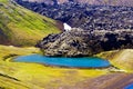 View on blue crater lake with volcanic lava ash after eruption with green valley