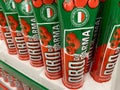 View on isolated tubes with oro di parma tomato paste in german supermarket