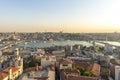 View Istanbul aerial view at sunset with Galata Tower.