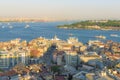 View Istanbul aerial view at sunset with Galata Tower.