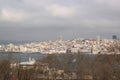 View of Istanbul through the Bosphorus and Golden Horn. Urban landscape with Galata Tower. Travel photography. Cloudy spring day