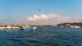 View of Istanbul cityscape Galata Tower with floating tourist boats in Bosphorus ,Istanbul Turkey