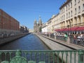 View from the Italian bridge to the Griboyedov Canal and the Church of the Savior on Spilled Blood, St. Petersburg, Russia