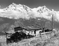 Chalet on pastureland and mount Annapurna