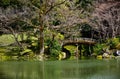 Japanese garden and wooden bridge, spring in Japan. Royalty Free Stock Photo