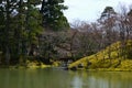 Japanese garden and wooden bridge, spring in Japan. Royalty Free Stock Photo