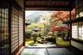 View from a Japanese house into a formal garden with bonsai and red maple, made with generative ai