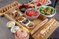 Japanese seafood platter, sushi rolls, nigiri, rice bowl Royalty Free Stock Photo