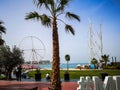 View of JBR beach with the Ain Dubai ferris wheel in Bluewaters island, a new future tourist attraction in Dubai
