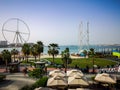 View of JBR beach with the Ain Dubai ferris wheel in Bluewaters island, a new future tourist attraction in Dubai