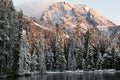 View of the Jenny Lake in the Grand Teton National Park with snowy mountains and trees Royalty Free Stock Photo