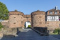 View of the Jerusalem gate and the historic town wall with half timbered houses in Budingen, Germany Royalty Free Stock Photo