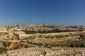 View of Jerusalem in a summer morning with the sun shining on the Dome of the Rock and the Jewish cemetery on the Mount of Olives Royalty Free Stock Photo