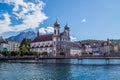 View of jesuitenkirche and surroundings from the chapel bridge, Lucerne, Switzerland