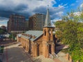 View of Jesus Evangelical Lutheran church that is located in the city center. view from quadcopter. Royalty Free Stock Photo