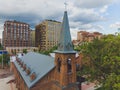 View of Jesus Evangelical Lutheran church that is located in the city center. view from quadcopter. Royalty Free Stock Photo