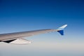 View of jet airliner wing in flight