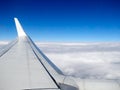 View of jet plane wing on the background of thick clouds Royalty Free Stock Photo