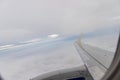 view of jet plane wing on the background of thick clouds and blue sky